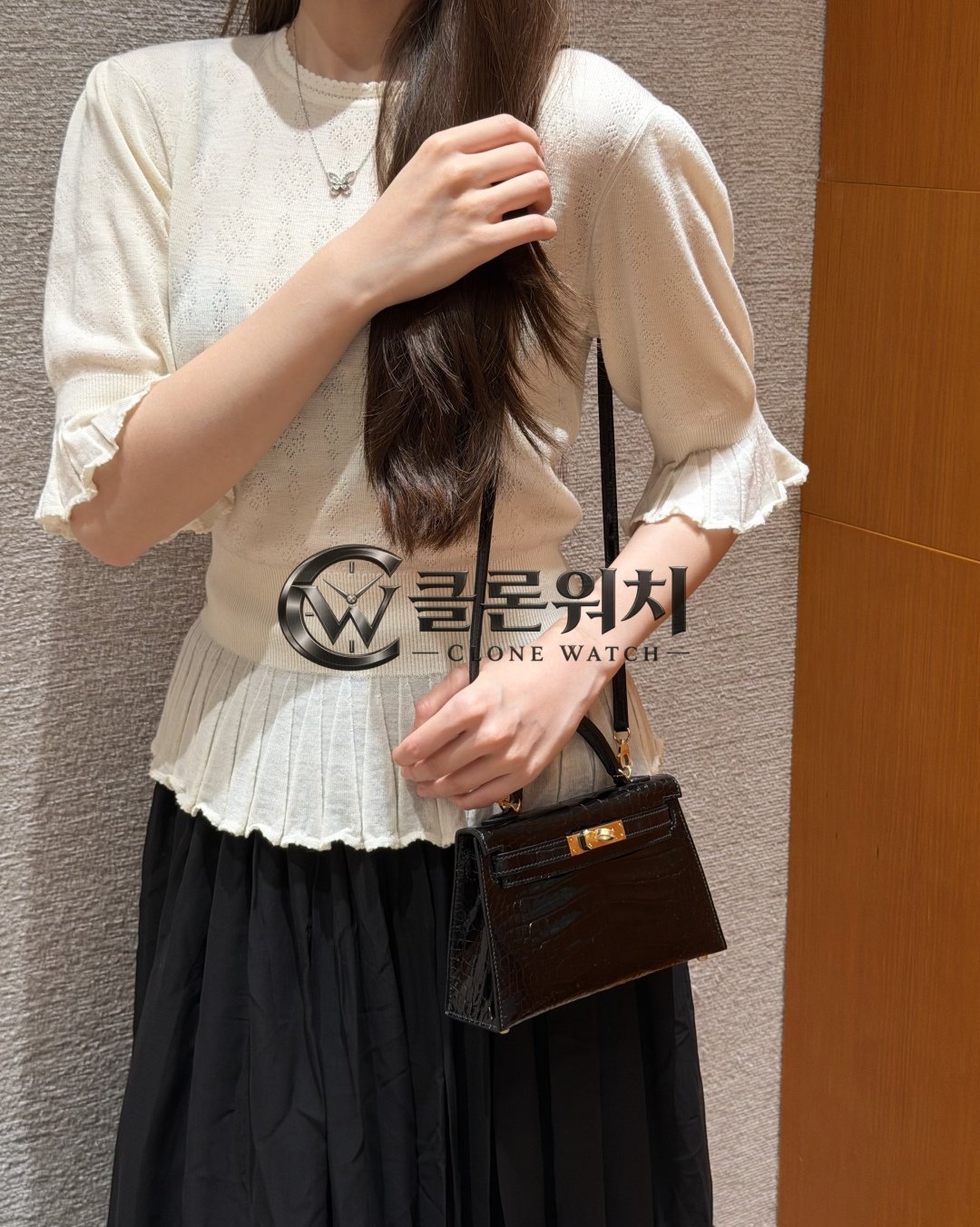 올수공 에르메스 켈리 미니 19 noir 악어 가죽 골드 하드웨어