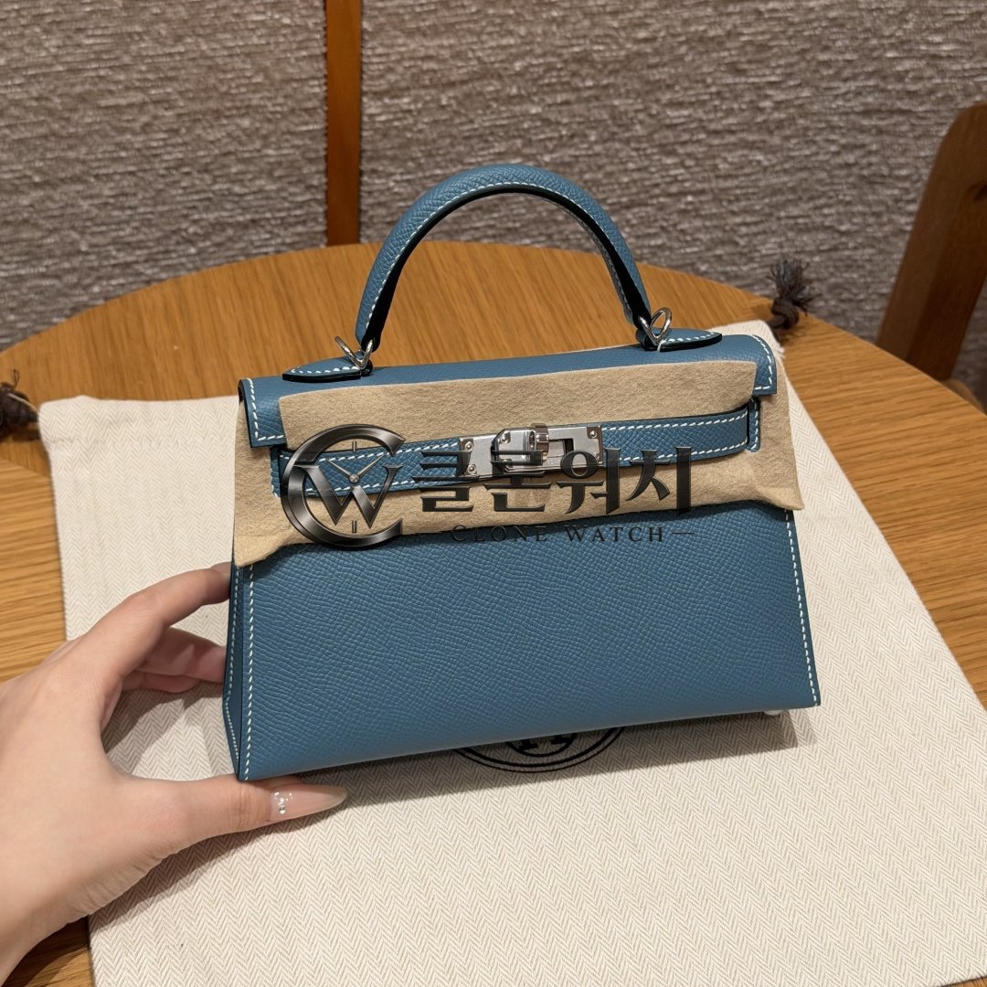 올수공 에르메스 켈리 미니 19 blue Jean 앱송 가죽 팔라듐 하드웨어