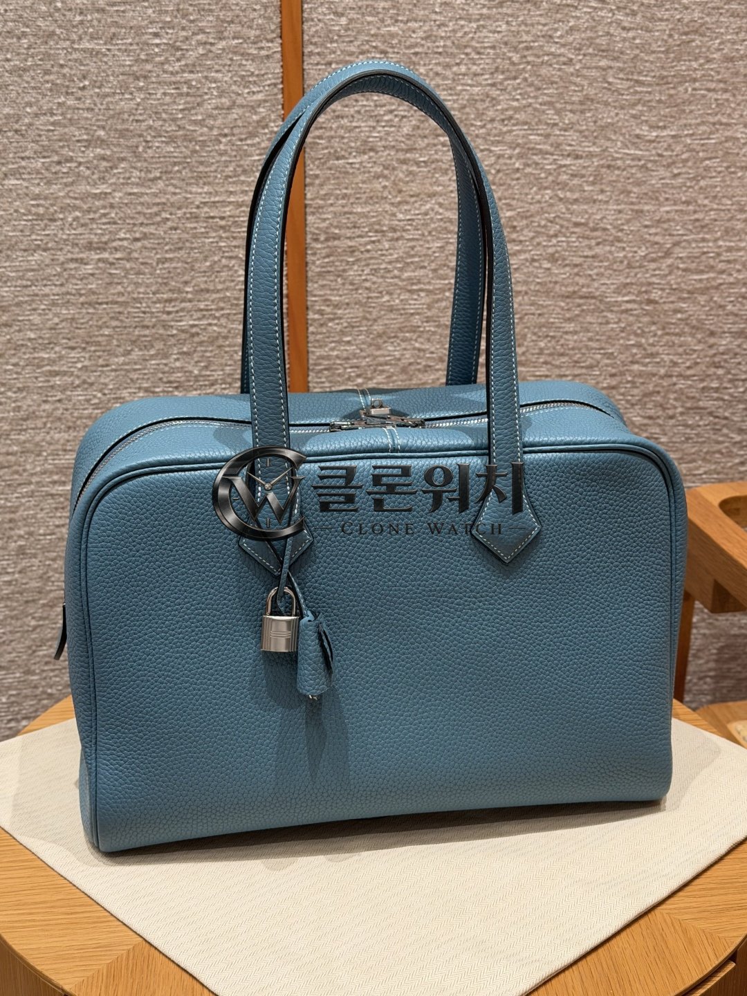 올수공 에르메스 빅토리아 백 35 Bleu Jean 클레망스 가죽 팔라듐 하드웨어
