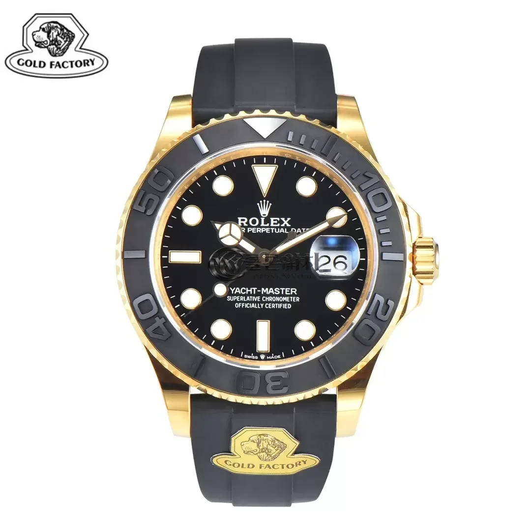 Rolex Yacht-Master 42mm 226658 Gold Factory 1:1 Best Edition Ceramic Bezel Black Dial on Oysterflex Strap VR3235 (Tungsten Heavy Version)