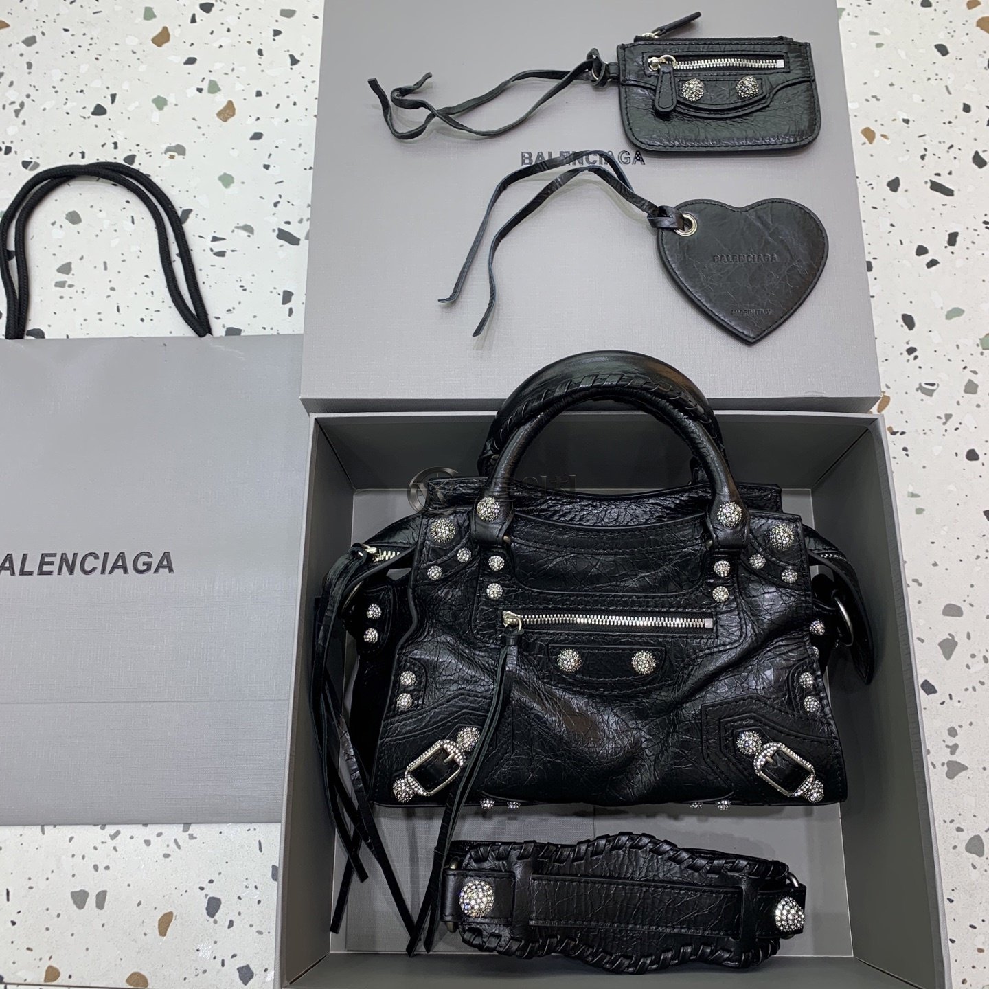 발렌시아가 Balenciaga Classic City Small Handbag in Black Crystal-Embellished Leather
