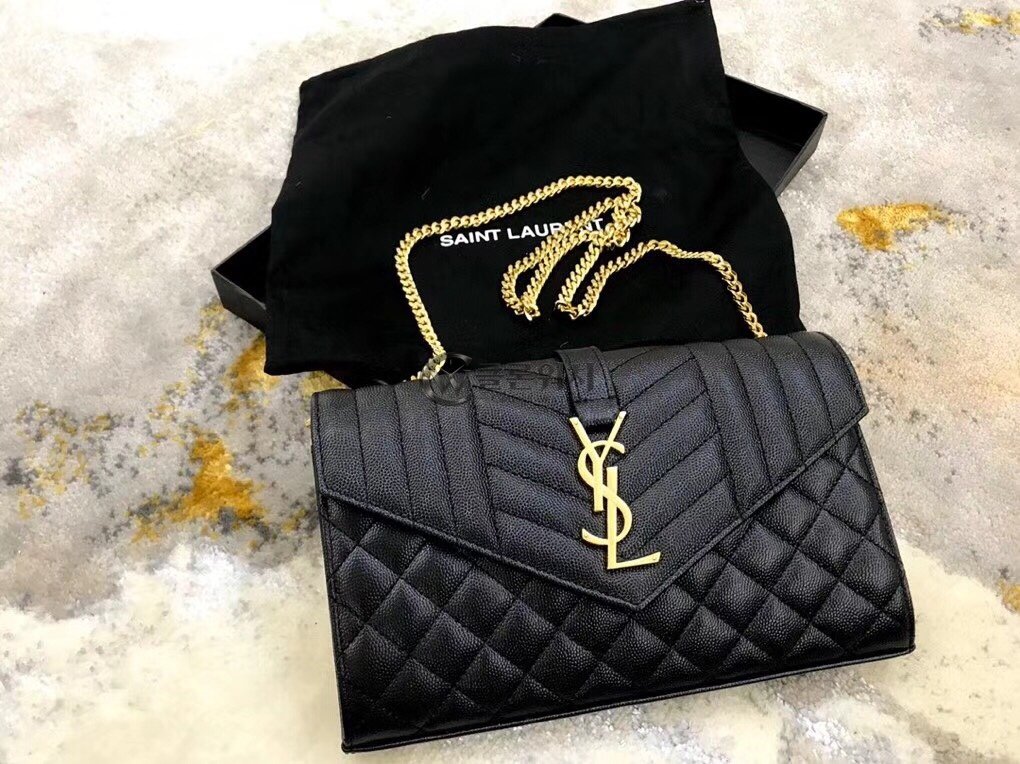 생로랑 Saint Laurent Quilted Monogram Envelope Chain Wallet in Black
