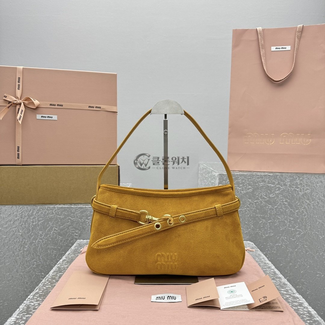 MIU MIU Ochre Suede Shoulder Bag with Belt Detail