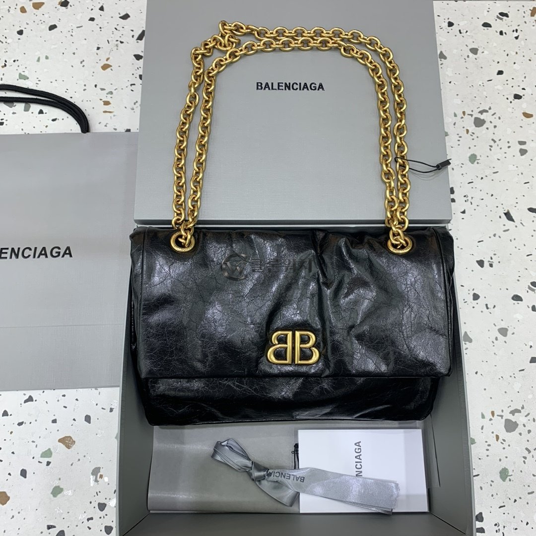 발렌시아가 Balenciaga Crush Small Chain Bag in Black Crinkled Leather