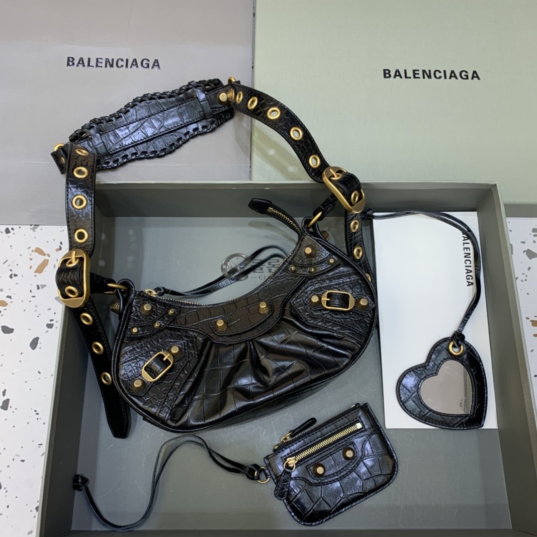 발렌시아가 Balenciaga Le Cagole XS Shoulder Bag in Black Croc-Embossed Leather