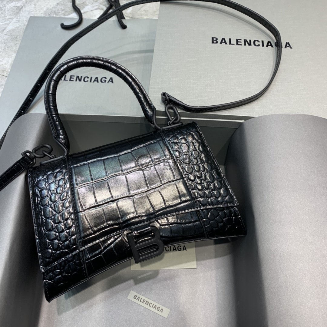 발렌시아가 Balenciaga Hourglass Small Handbag in Black Crocodile-Embossed Leather