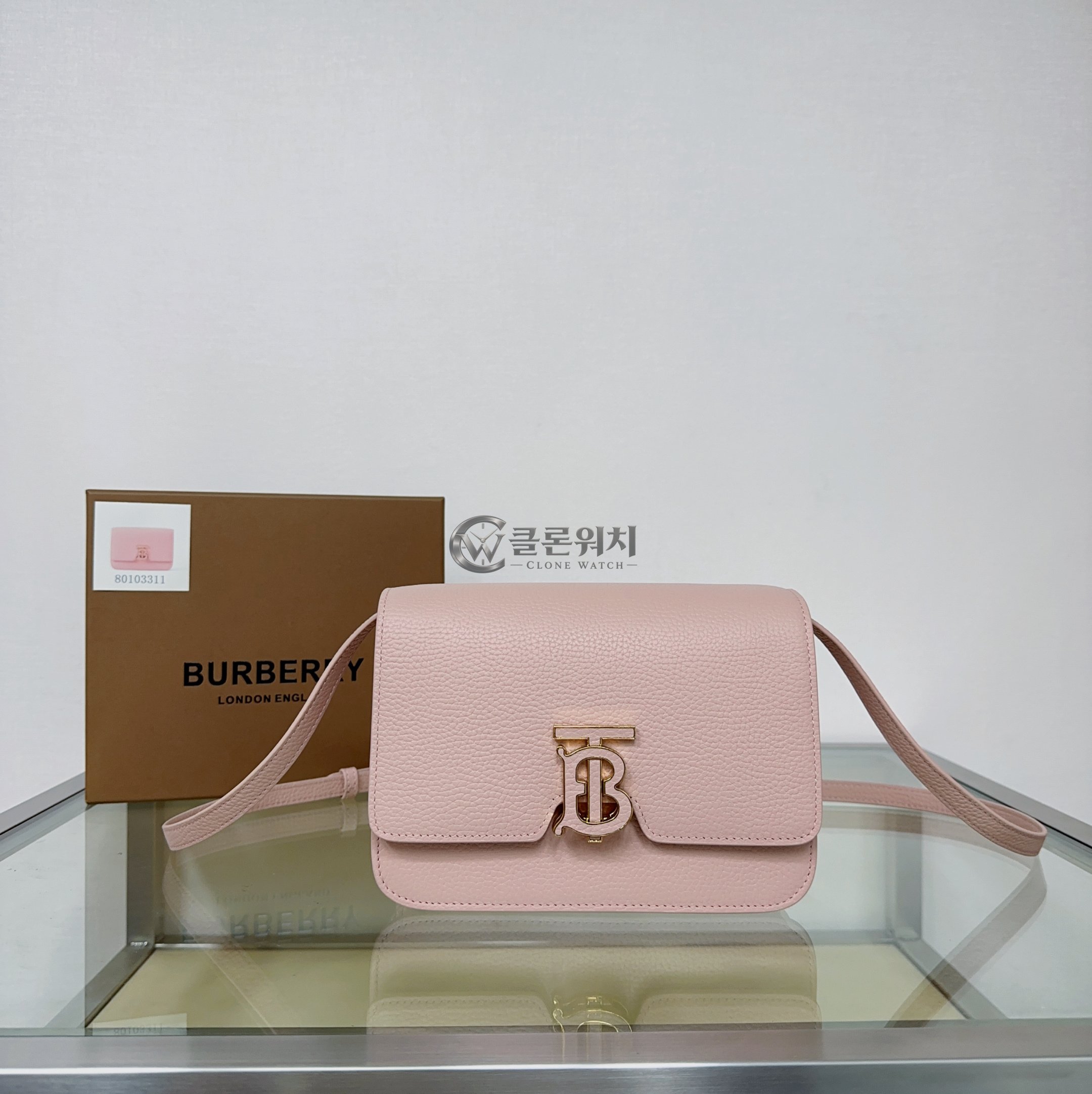 버버리 Burberry Small Topstitched Grainy Leather TB Bag in Pale Pink