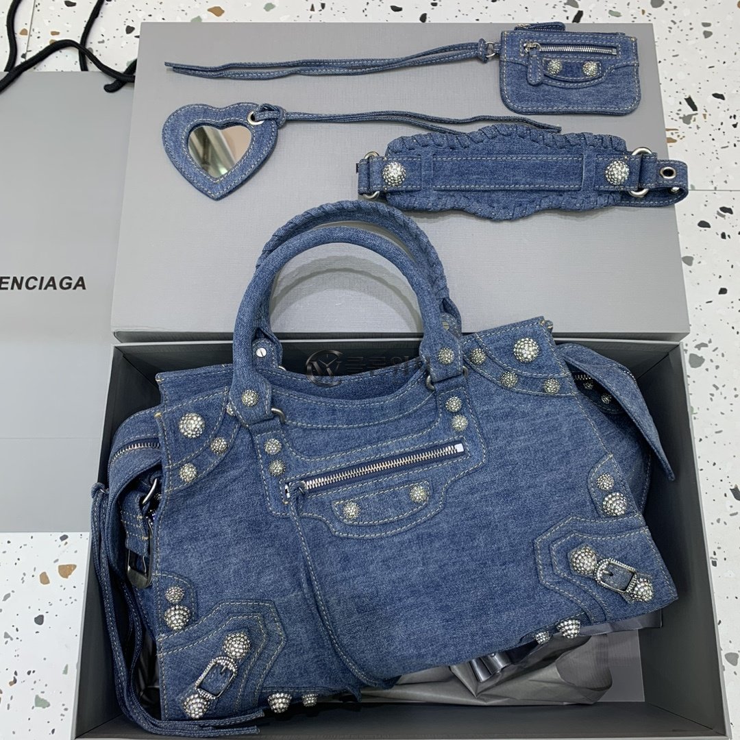 발렌시아가 Balenciaga Le City Small Denim Bag with Crystal Embellishments Blue