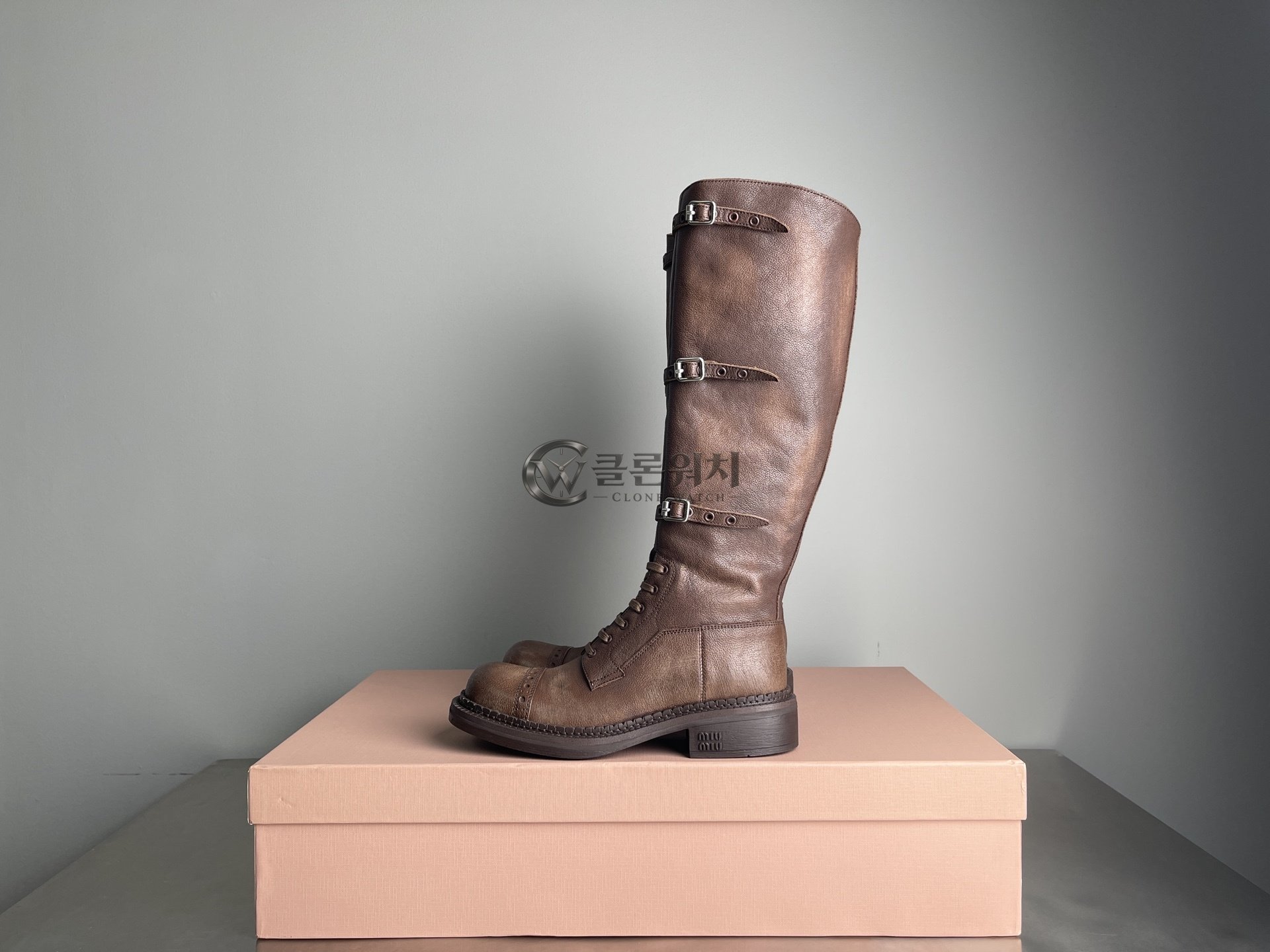 MIU MIU Brown Leather Lace-Up Boots with Buckle Straps