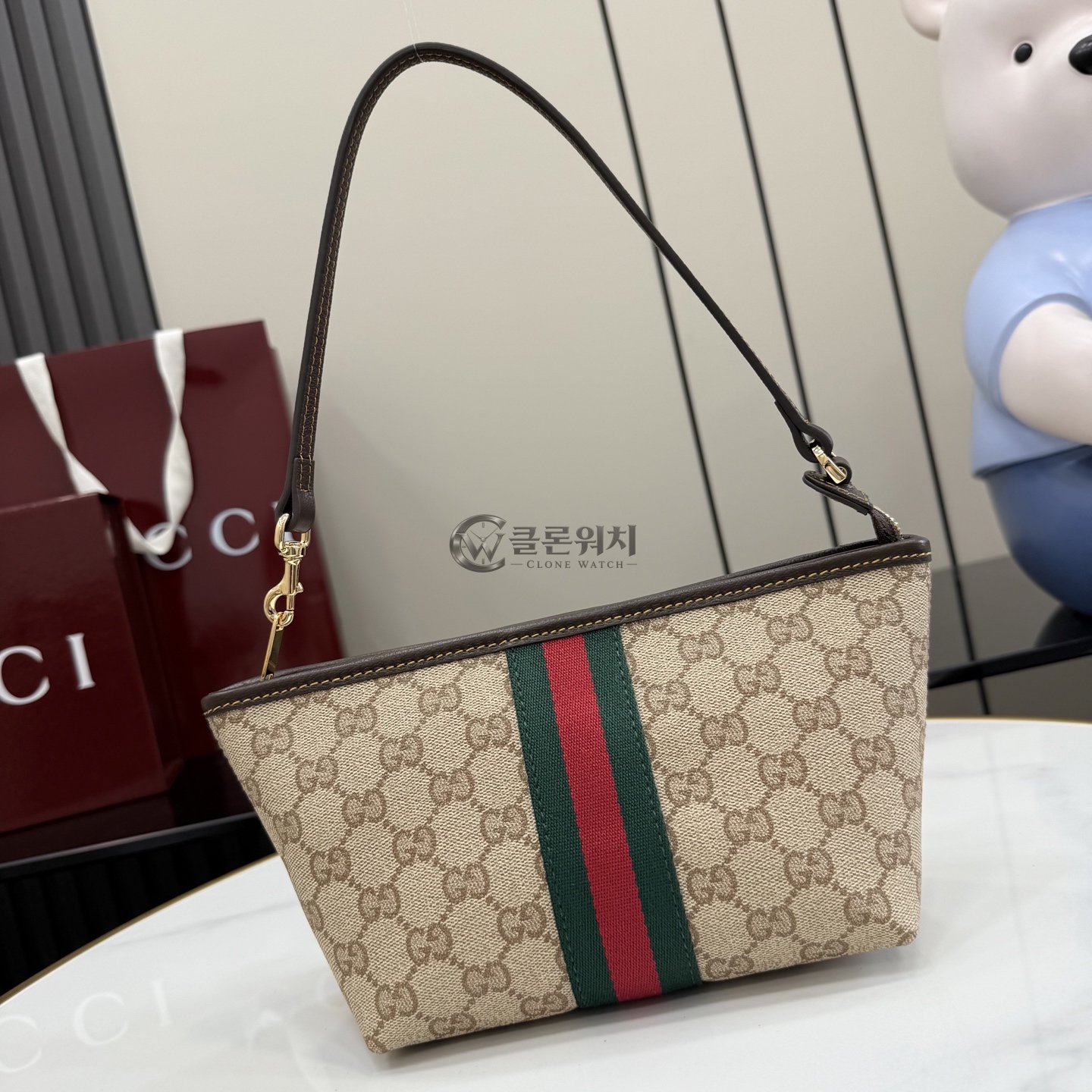 구찌 Gucci Web Small Strap Pouch in Sand and Dark Brown GG Canvas
