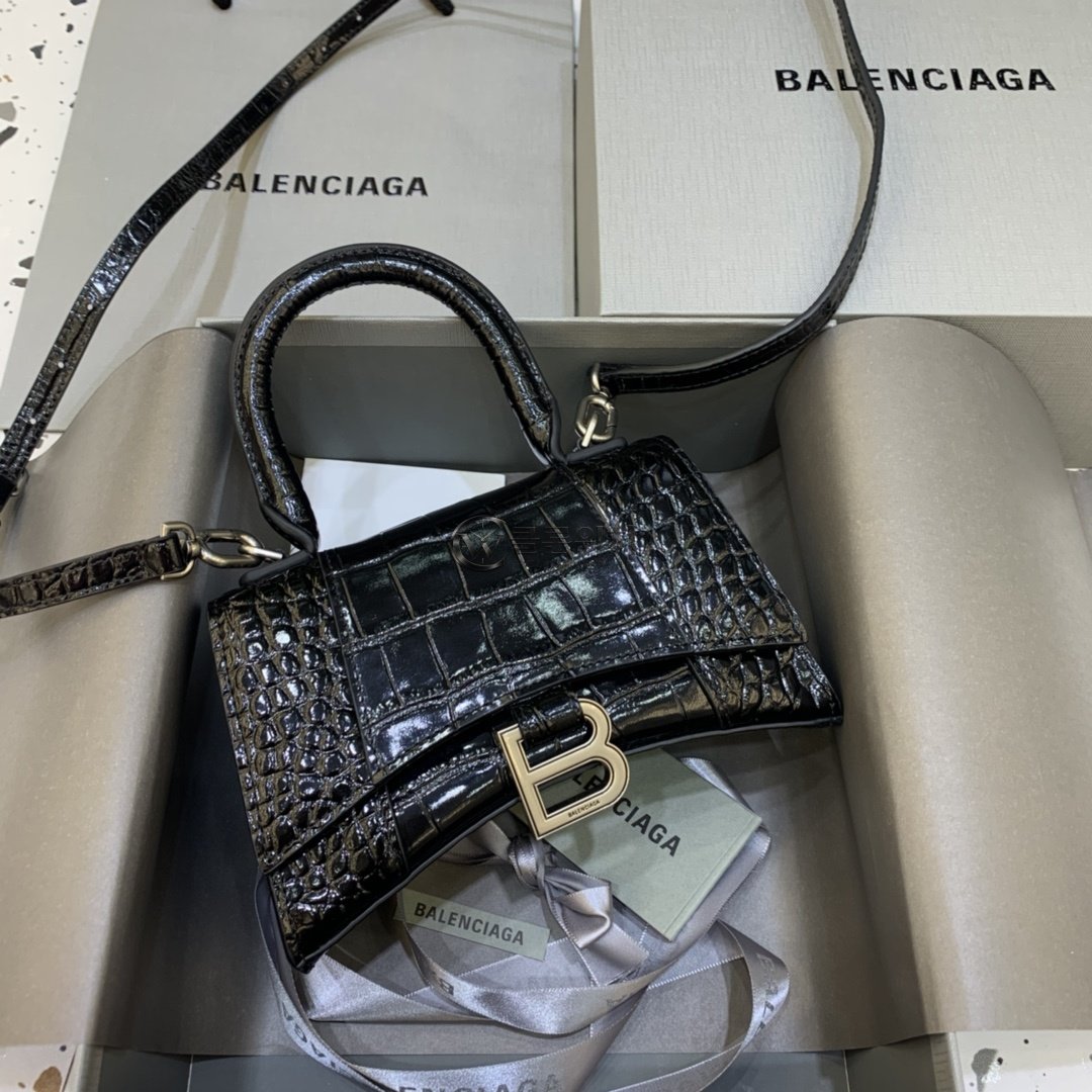 발렌시아가 Balenciaga Mini Hourglass Top Handle Bag in Black Crocodile-Embossed Leather