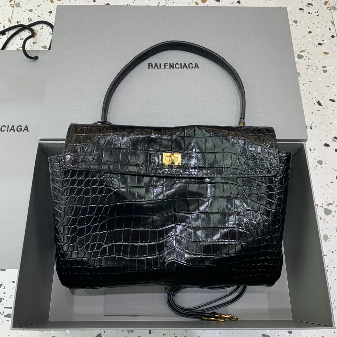 발렌시아가 Balenciaga Rodeo Medium Crocodile-Embossed Leather Bag - Black
