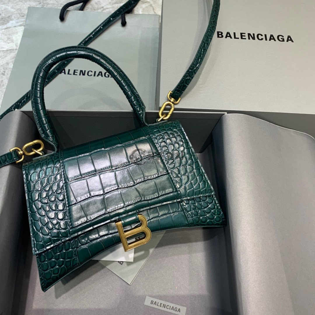 발렌시아가 Balenciaga Hourglass Small Top Handle Bag in Dark Green Crocodile-Embossed Leather