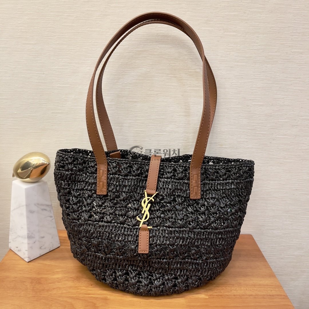 생로랑 Saint Laurent Panier Small Raffia Tote Bag in Black