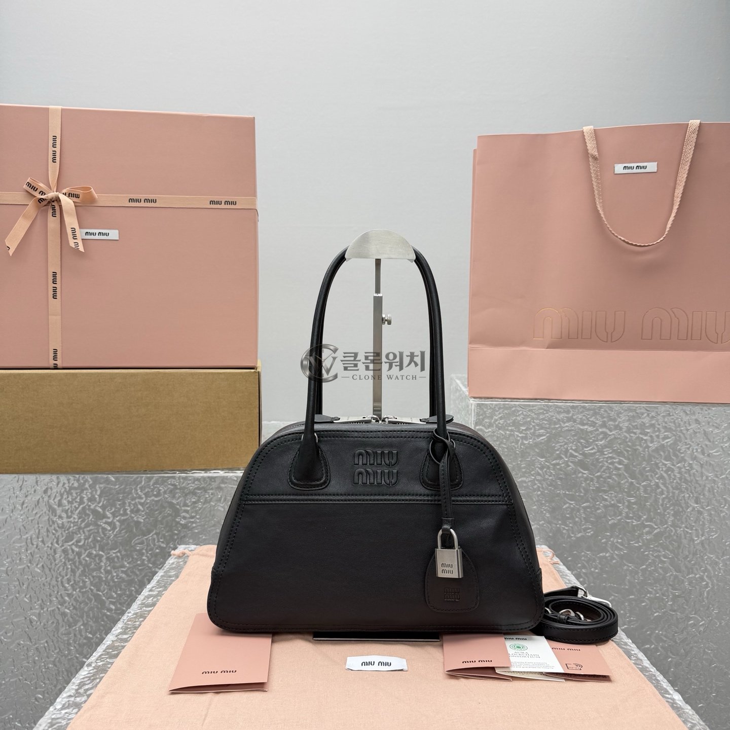 MIU MIU Black Leather Logo Bowling Bag