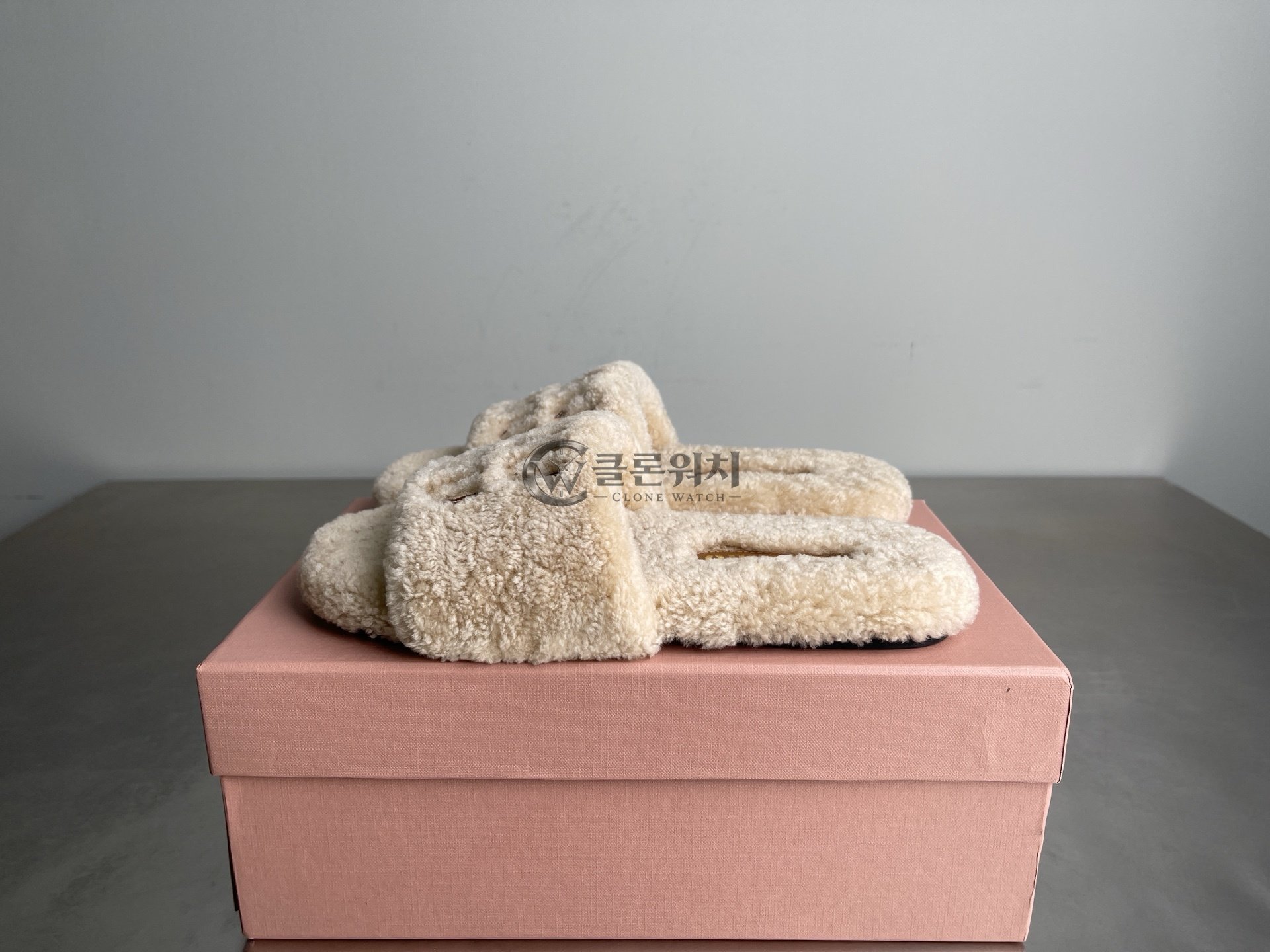 MIU MIU Cream Shearling Slide Sandals