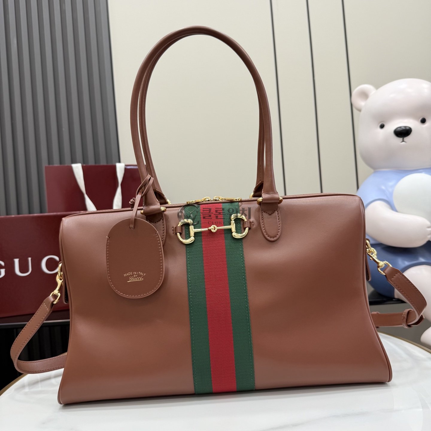구찌 브라운 레더 홀스빗 웹 토트백