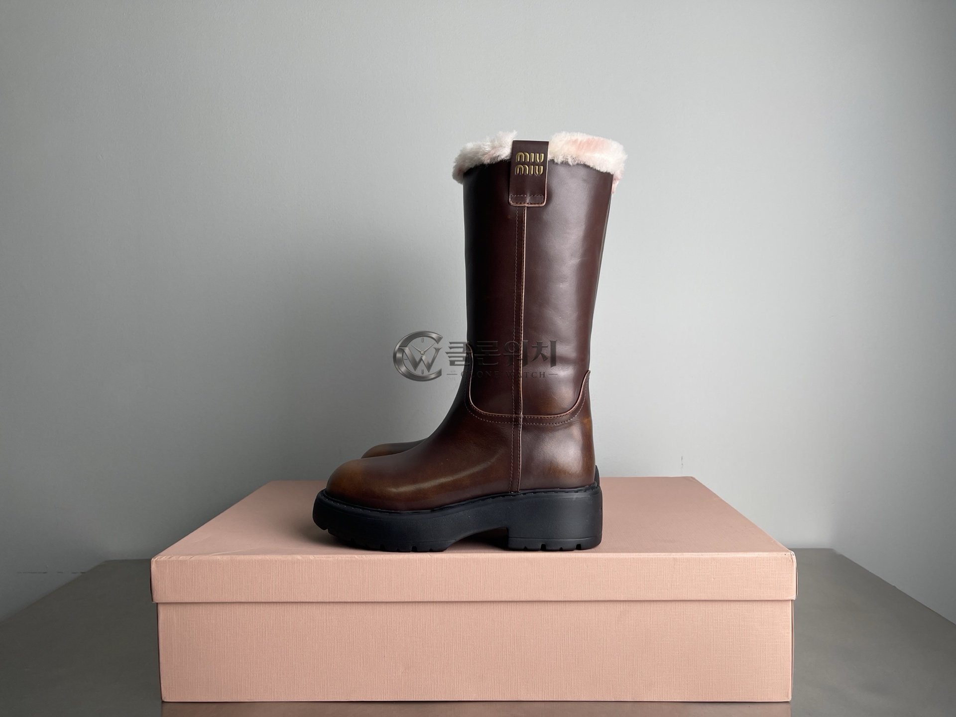 MIU MIU Brown Leather Shearling-Trim Boots