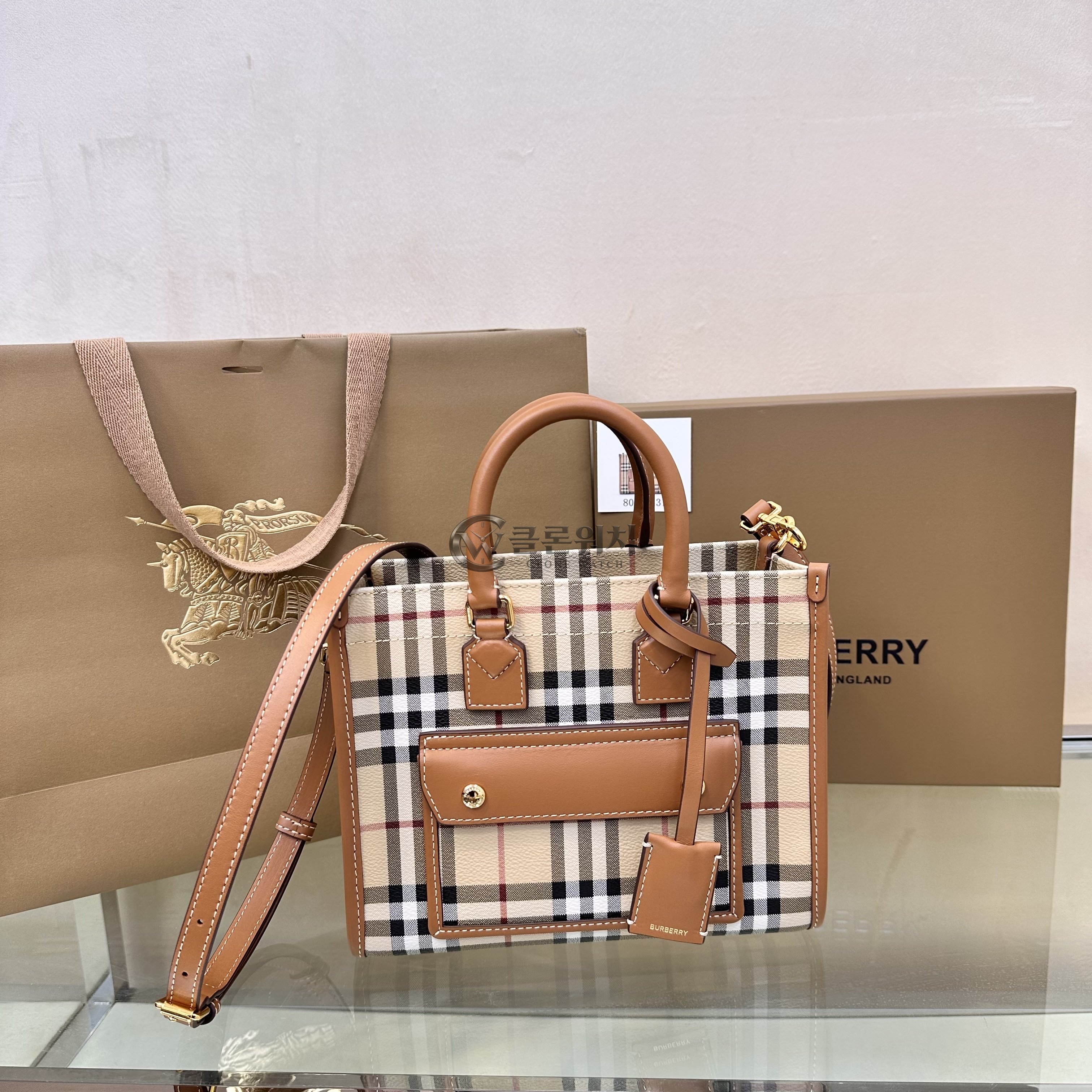 버버리 Burberry Mini Pocket Bag in Vintage Check and Tan Beige and tan