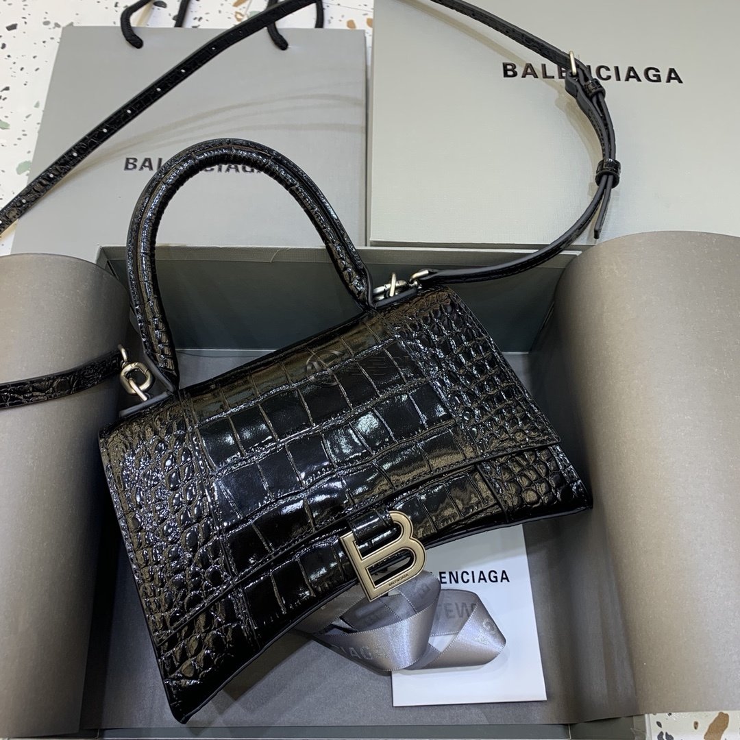 발렌시아가 Balenciaga Small Hourglass Top Handle Bag in Black Crocodile-Embossed Leather