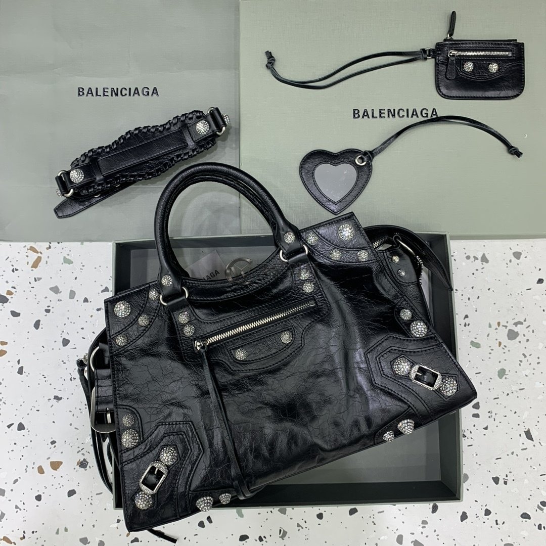 발렌시아가 Balenciaga Cagole City Bag with Crystal Studs – Black