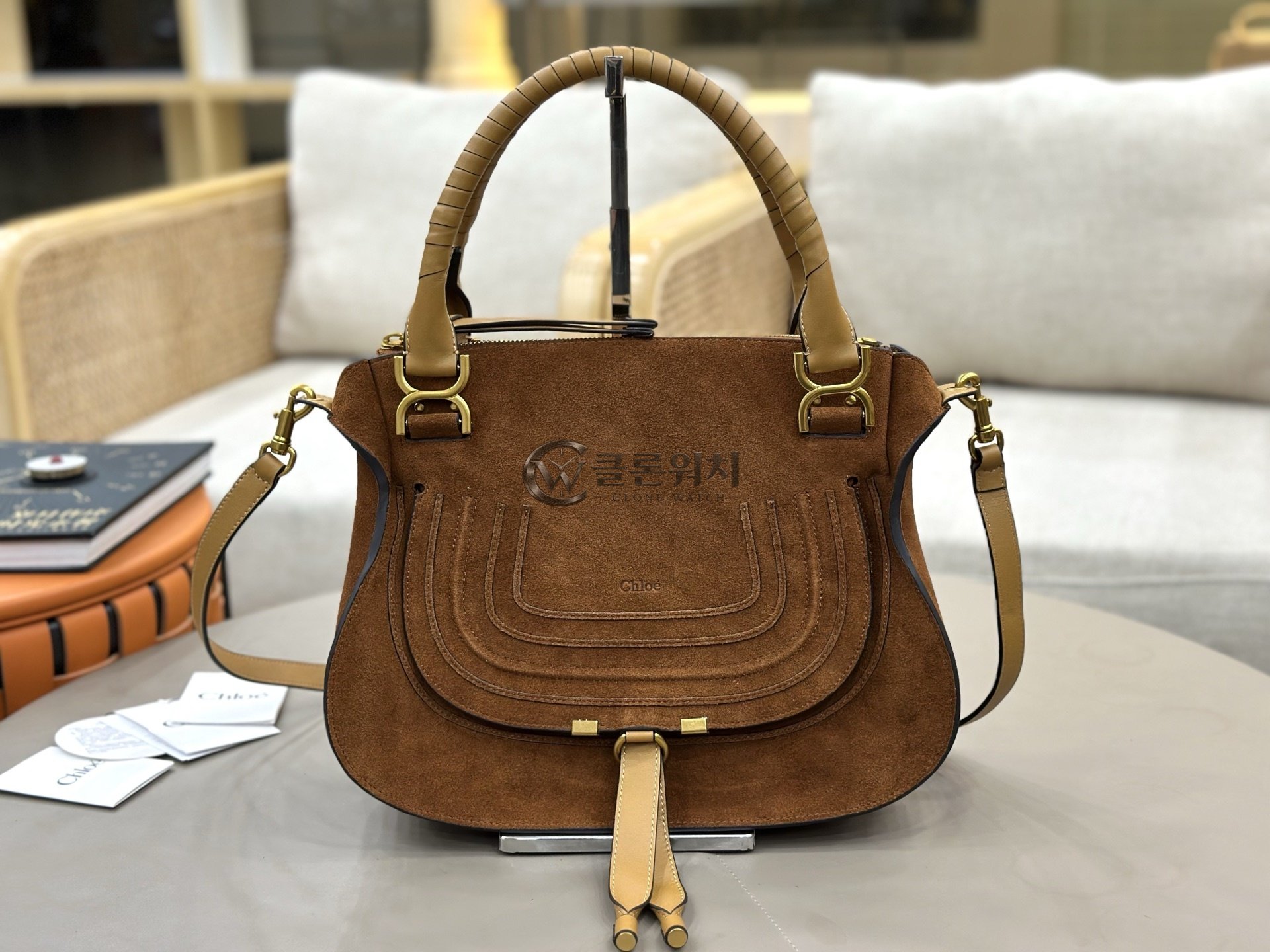 끌로에 Chloé Marcie Double Carry Satchel in Brown Suede