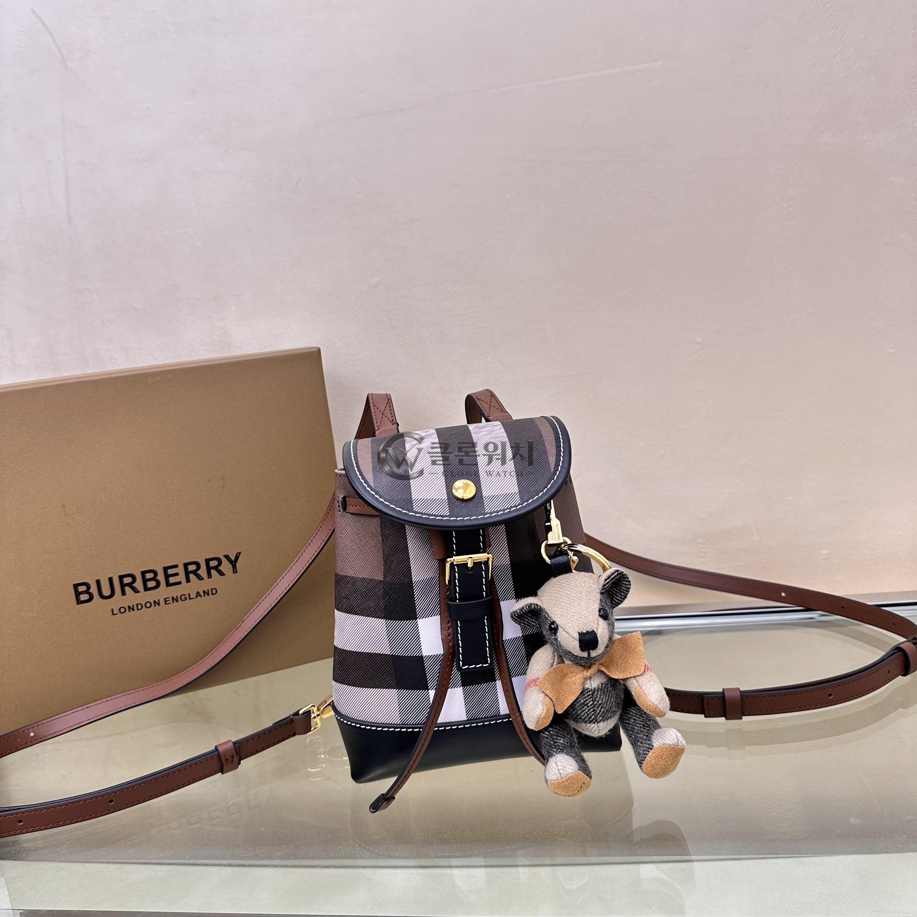 버버리 Burberry Check Mini Backpack with Thomas Bear Charm in Pink