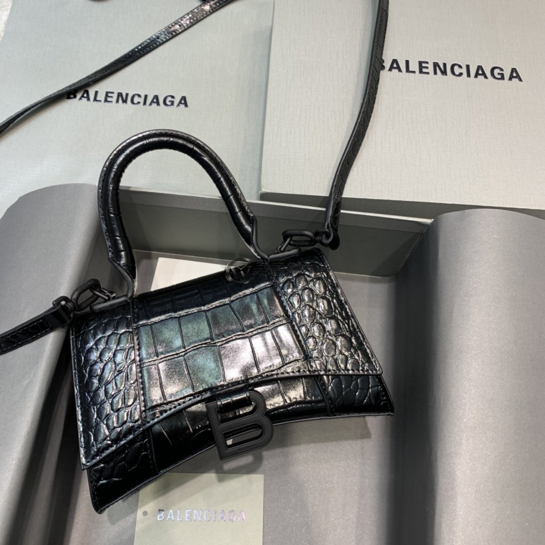 발렌시아가 Balenciaga Hourglass XS Top Handle Bag in Black Crocodile-Embossed Leather