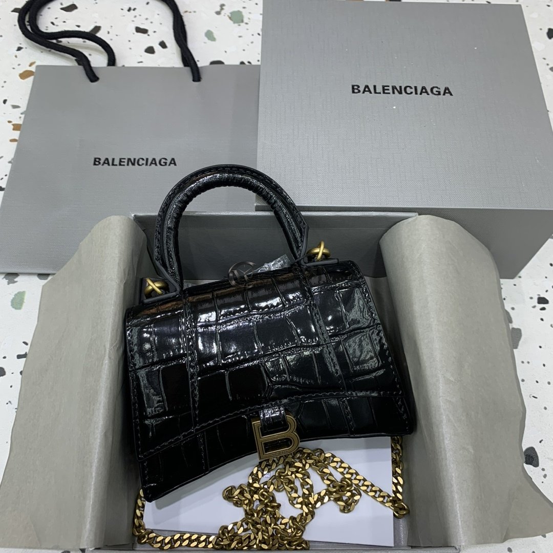 발렌시아가 Balenciaga Black Hourglass XS Top Handle Bag in Crocodile-Embossed Calfskin