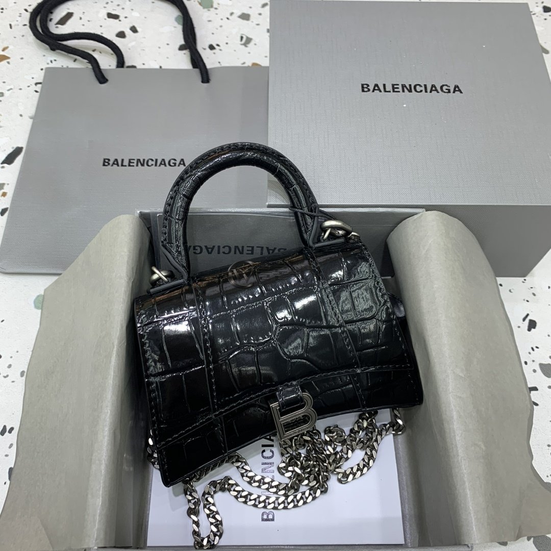 발렌시아가 Balenciaga Hourglass XS Crocodile-Embossed Top Handle Bag in Black