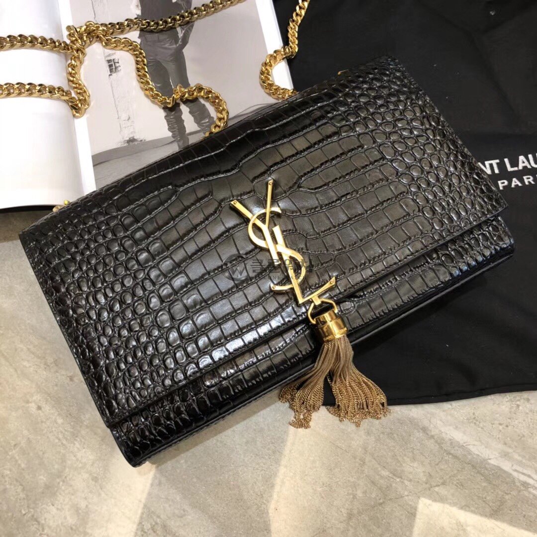 생로랑 Saint Laurent Kate Tassel Chain Wallet in Crocodile-Embossed Leather - Black