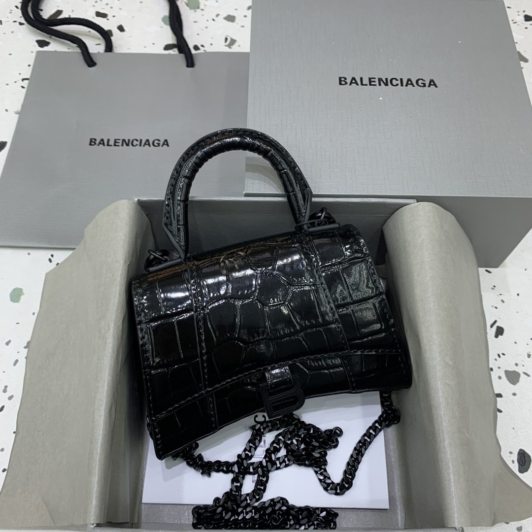 발렌시아가 Balenciaga Hourglass XS Top Handle Bag in Black Croc-Embossed Leather