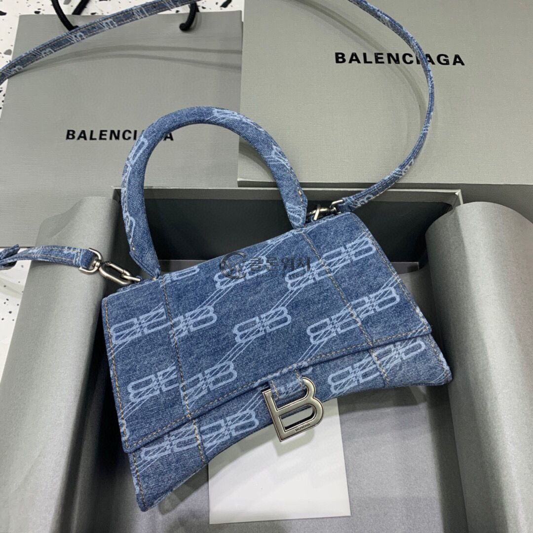 발렌시아가 Balenciaga Hourglass XS Top Handle Bag in Blue BB Monogram Denim