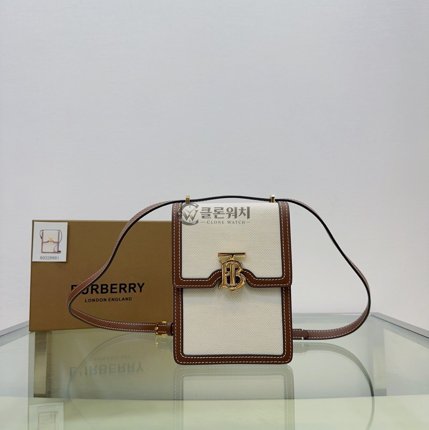 버버리 Burberry Mini TB Canvas Shoulder Bag in Natural and Malt Brown