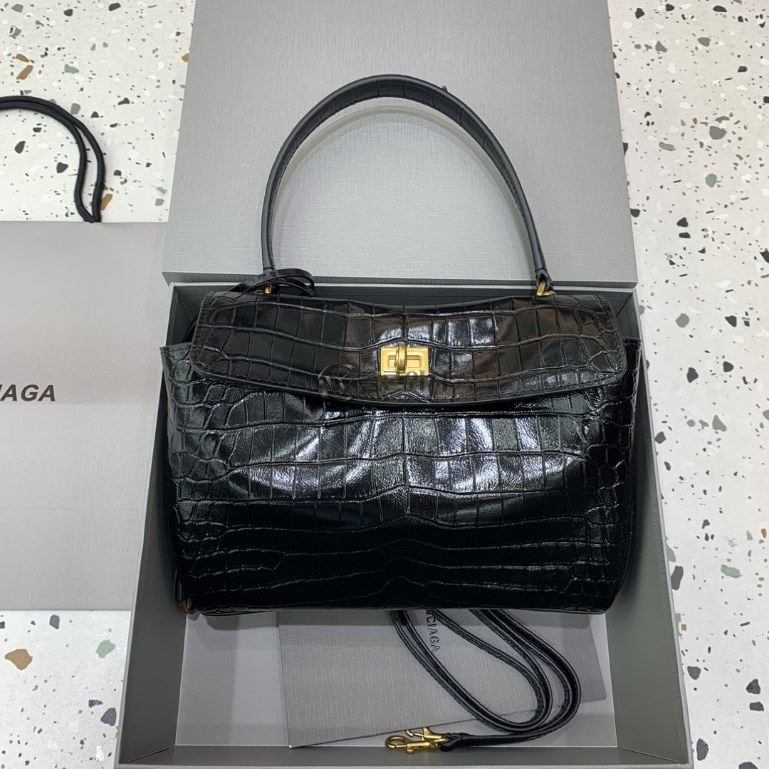 발렌시아가 Balenciaga Rodeo Small Handbag in Black Crocodile-Embossed Leather